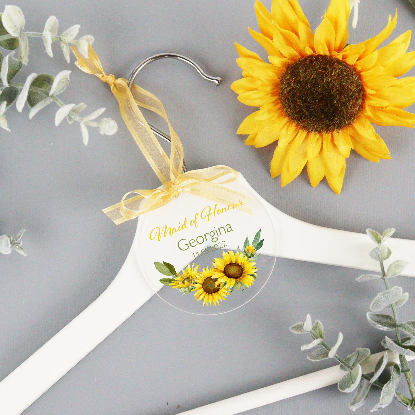 Personalised Clear Sunflower Wedding Hanger Tag