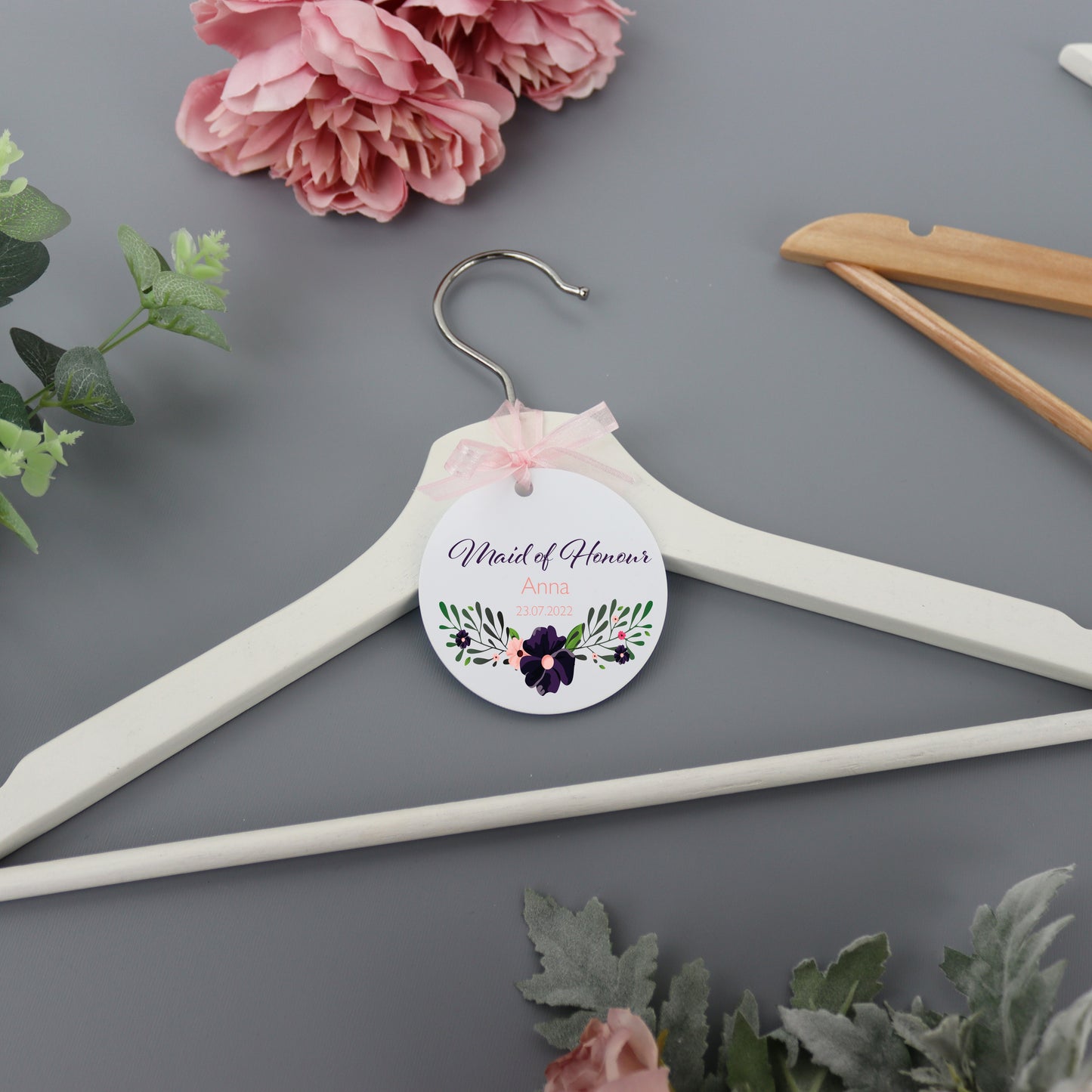 Personalised White Wedding Hanger Tag Purple