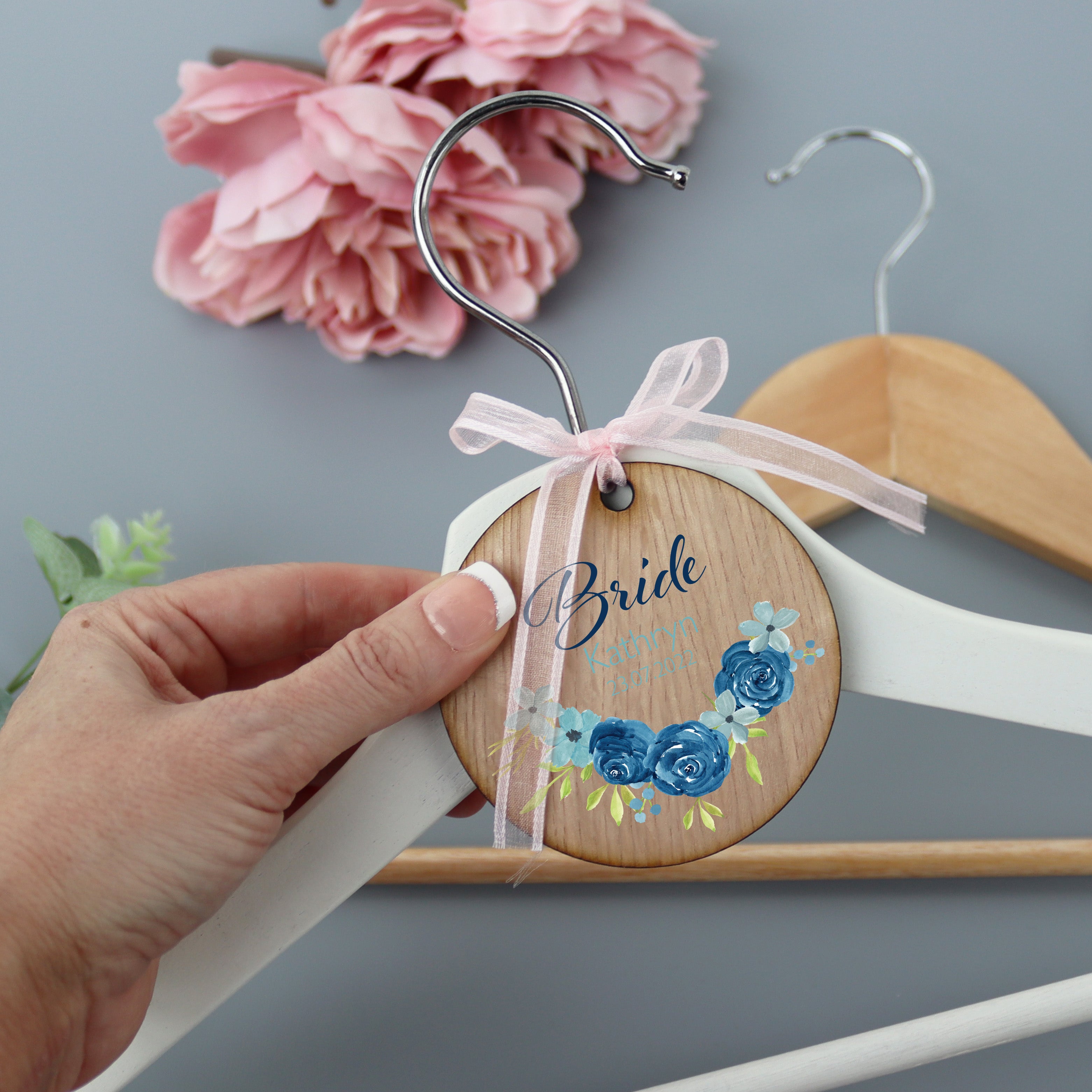 Personalised Wood Wedding Hanger Blue Rose
