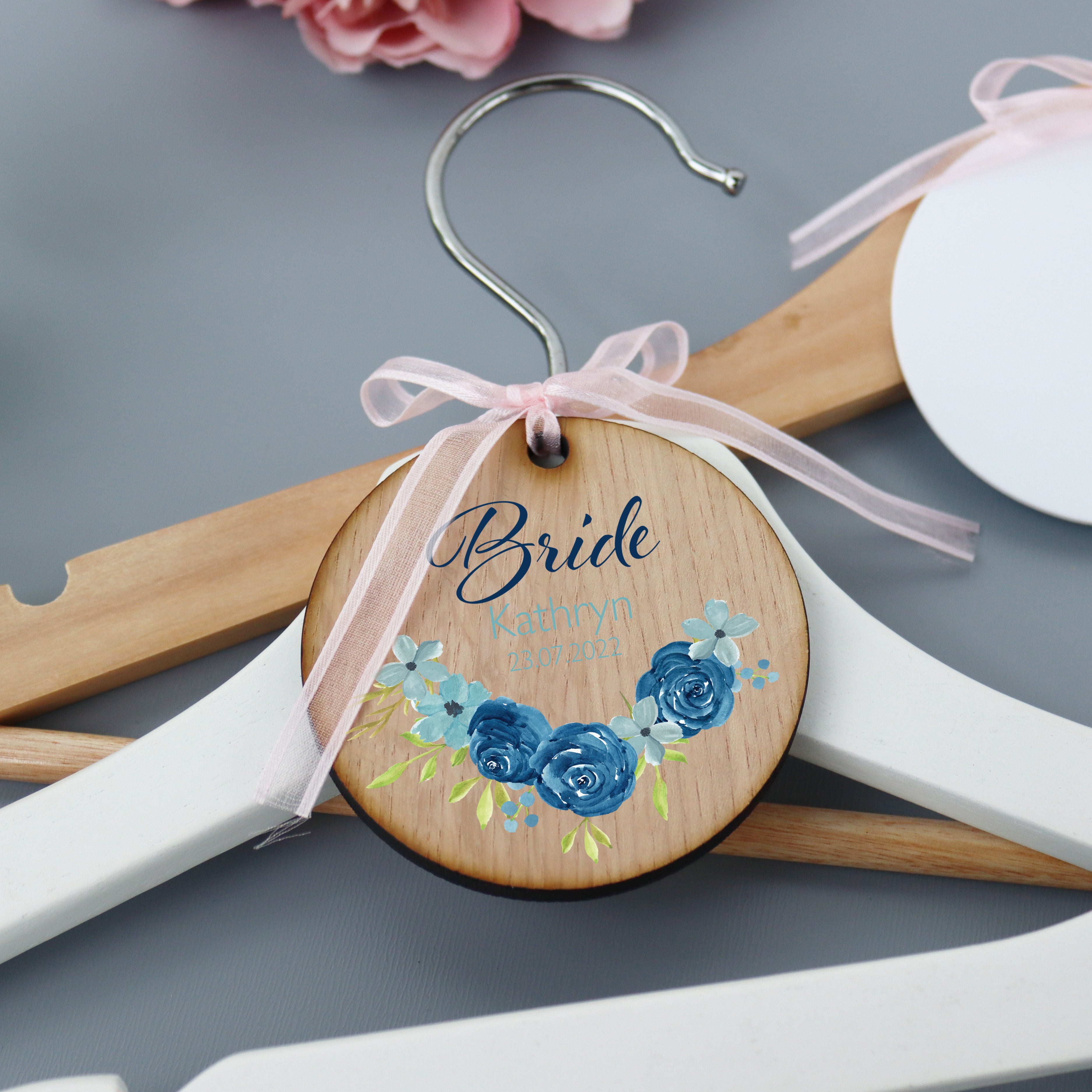Personalised Wood Wedding Hanger Blue Rose