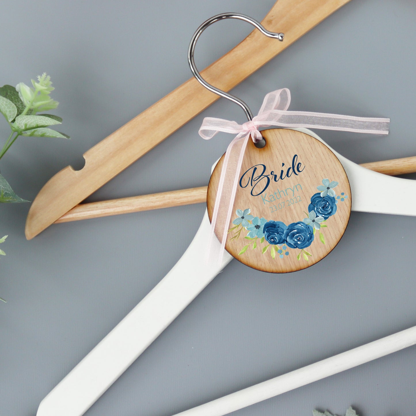 Personalised Wood Wedding Hanger Blue Rose