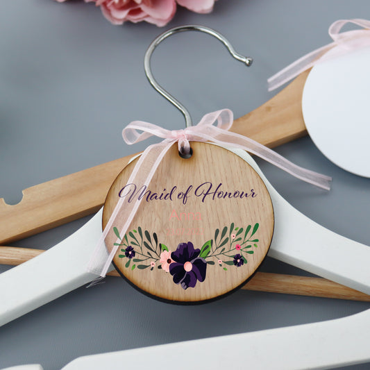 Personalised Wood Wedding Hanger Tag Purple