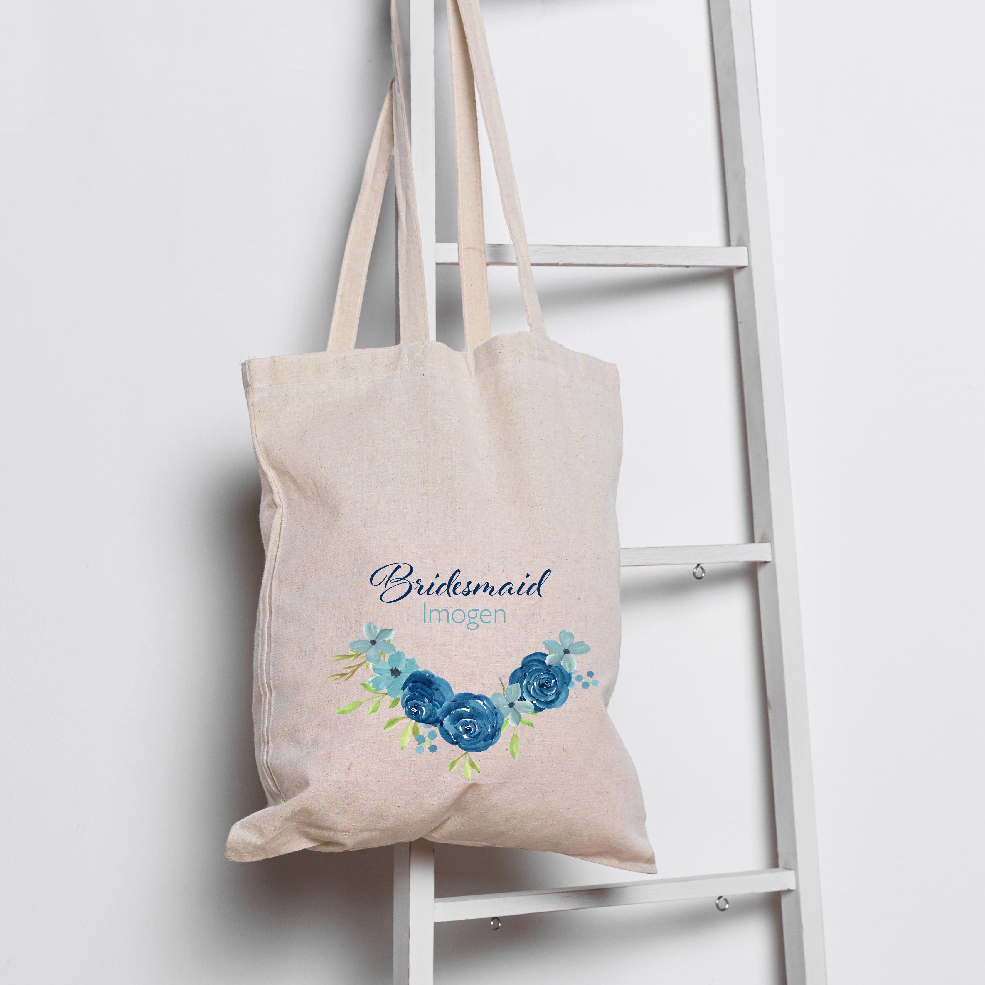 Personalised blue flower printed bridal party tote bag