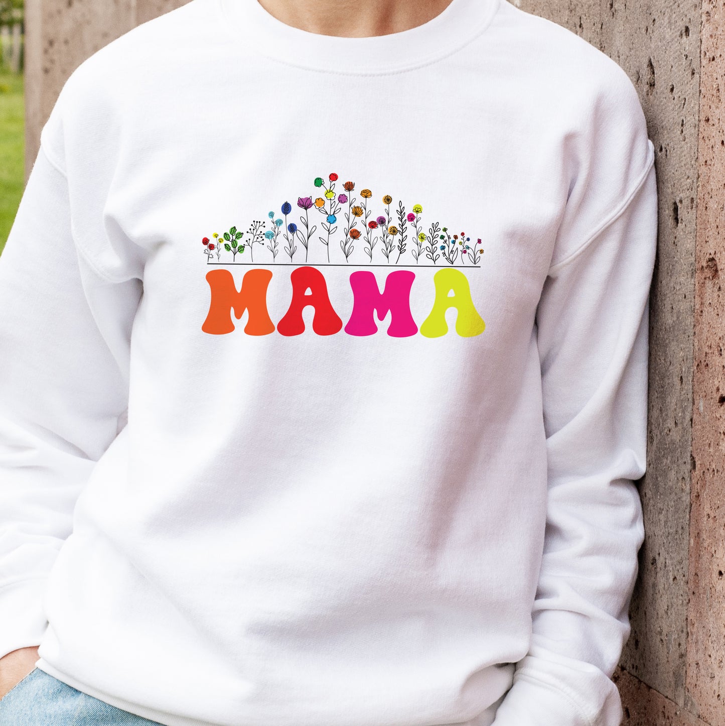 Parenting loungewear Mama jumper bright coloured print on a white sweatshirt