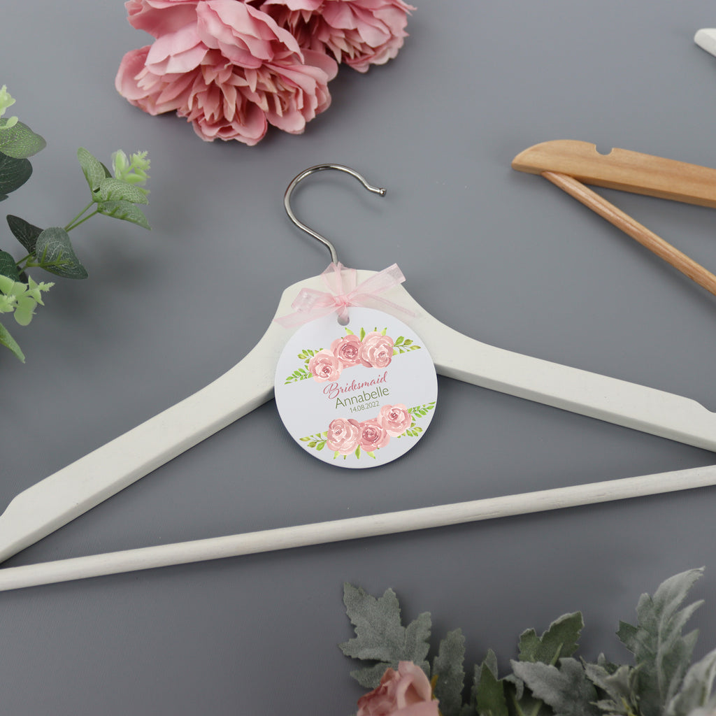 Personalised White Wedding Bride Hanger Tag Pink Rose