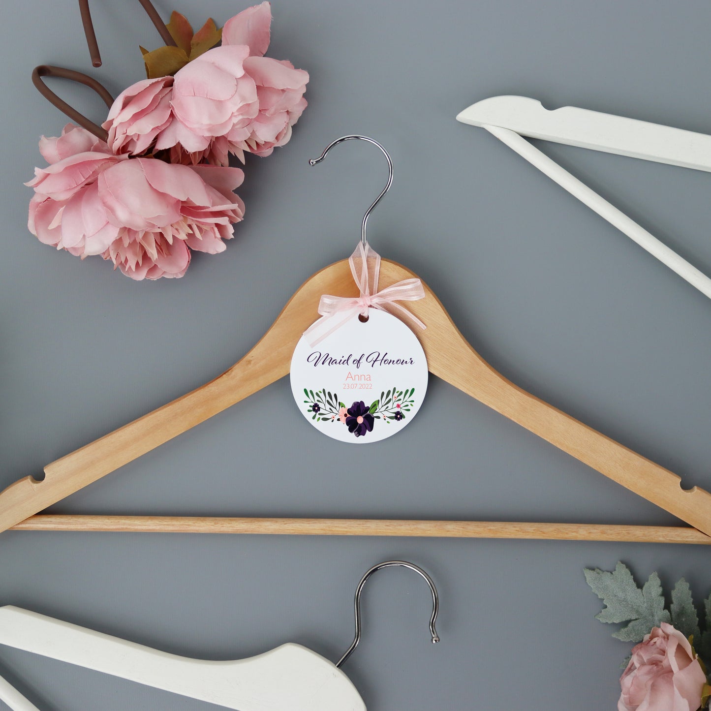Personalised White Wedding Hanger Tag Purple
