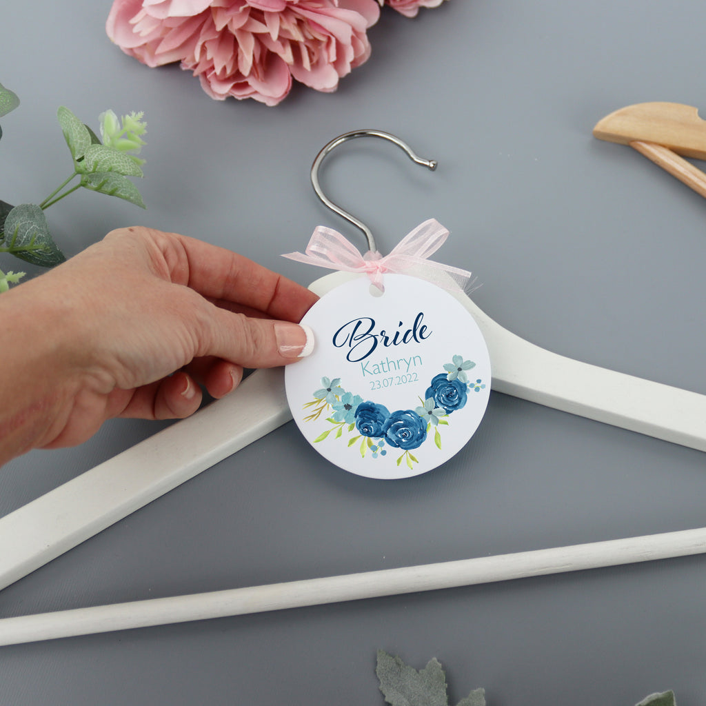 Personalised White Wedding Bride Hanger Tag Blue Rose