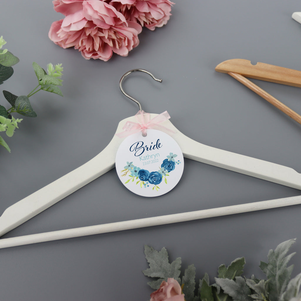 Personalised White Wedding Bride Hanger Tag Blue Rose