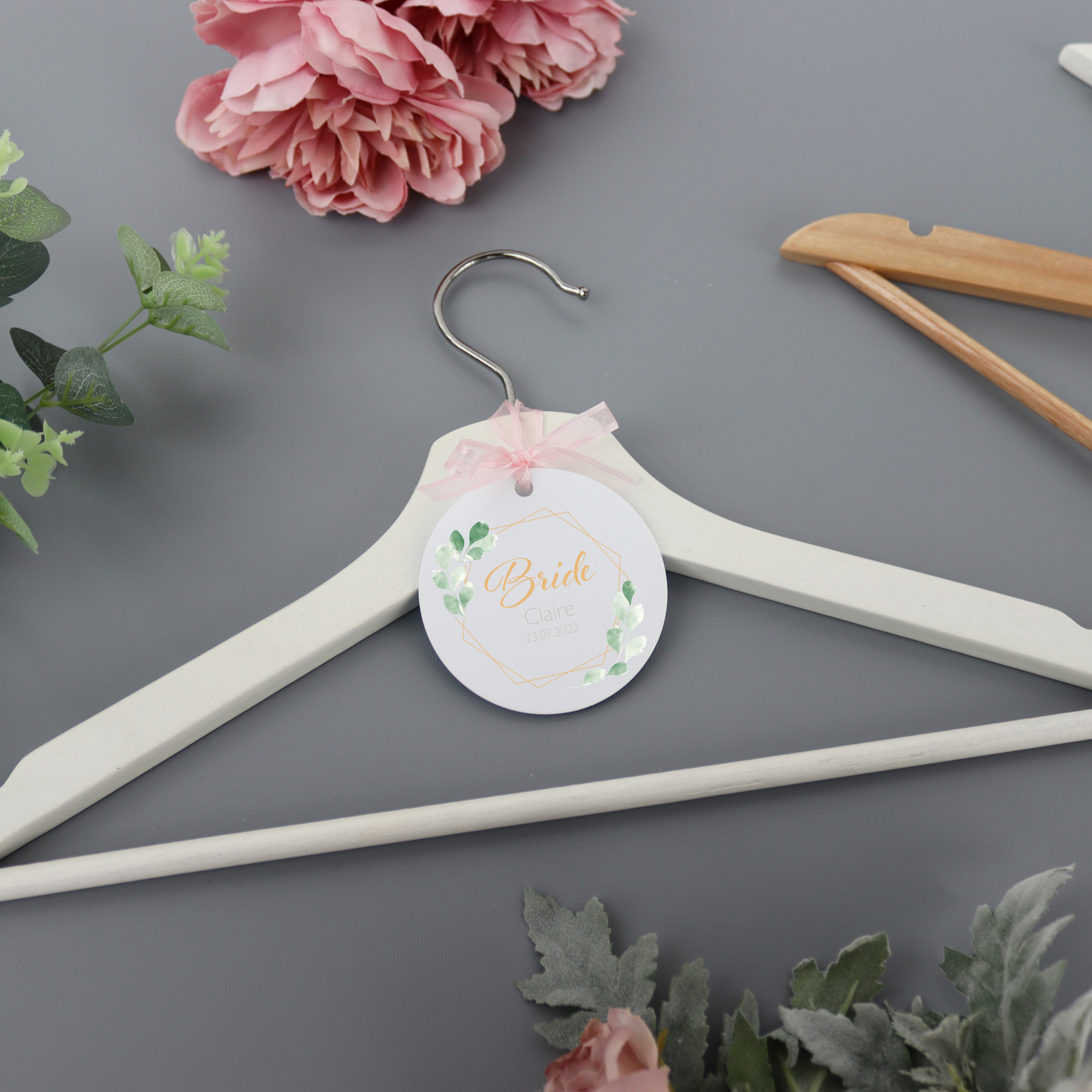 Personalised White Wedding Hanger Tag Botanical