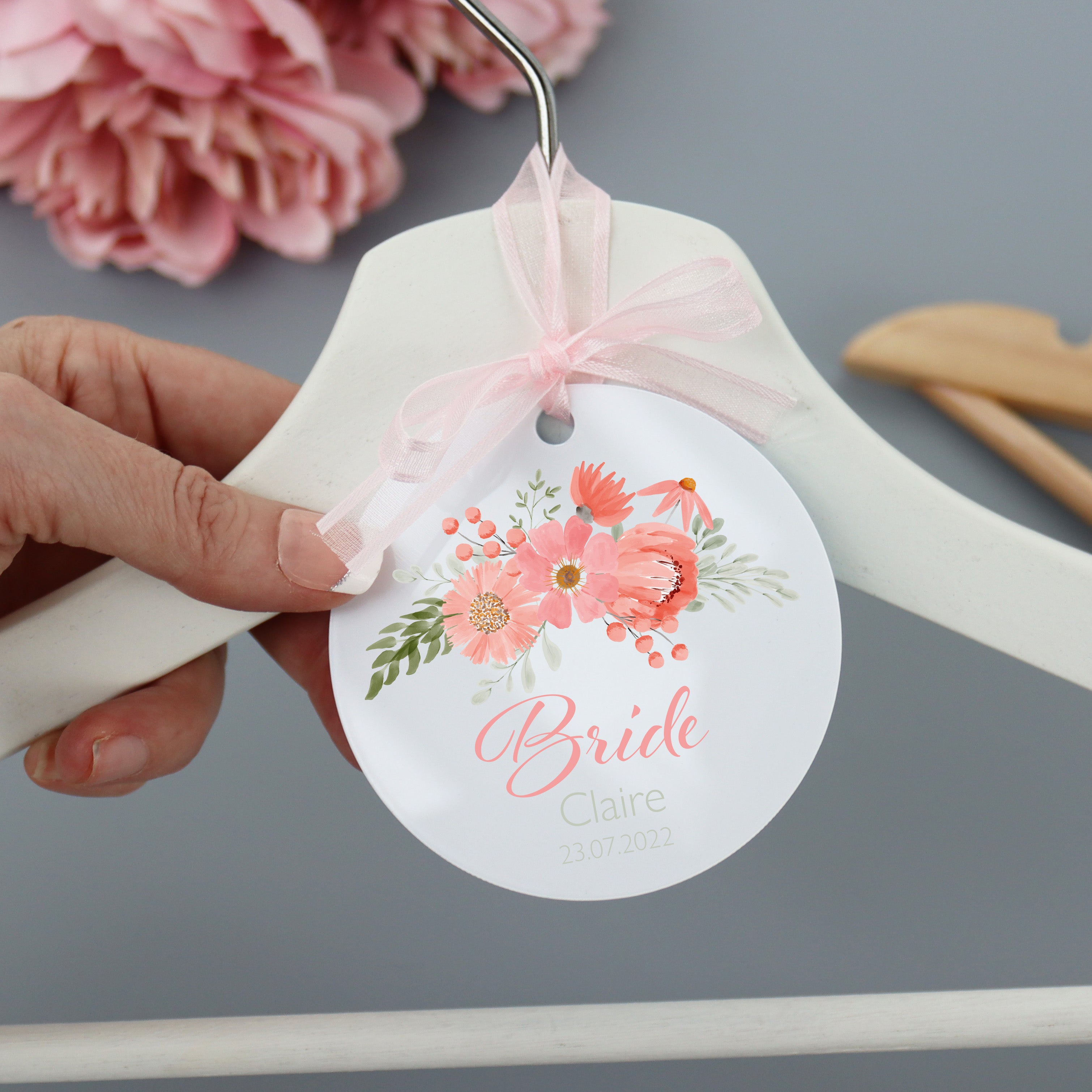 Personalised White Wedding Hanger Tag Peach