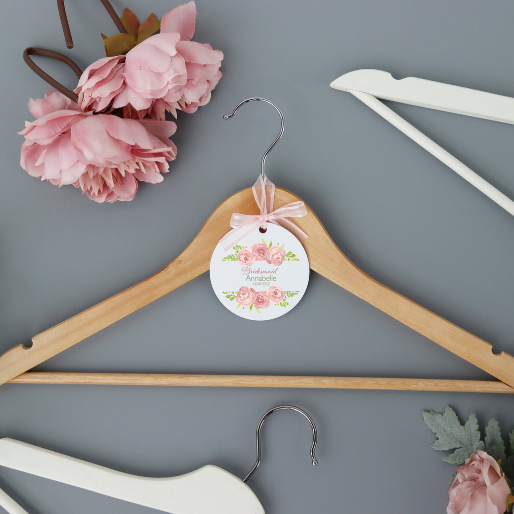 Personalised White Wedding Bride Hanger Tag Pink Rose