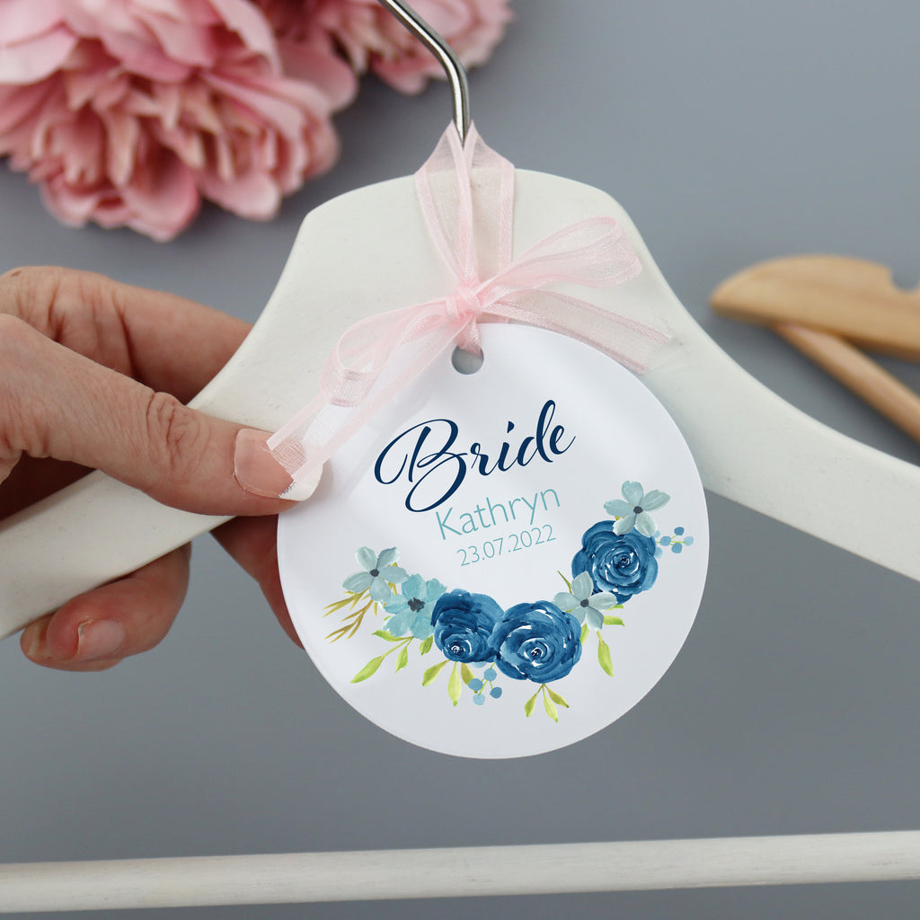 Personalised White Wedding Bride Hanger Tag Blue Rose