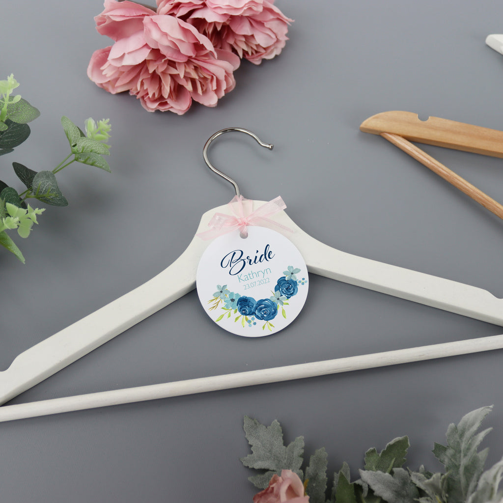 Personalised White Wedding Bride Hanger Tag Blue Rose