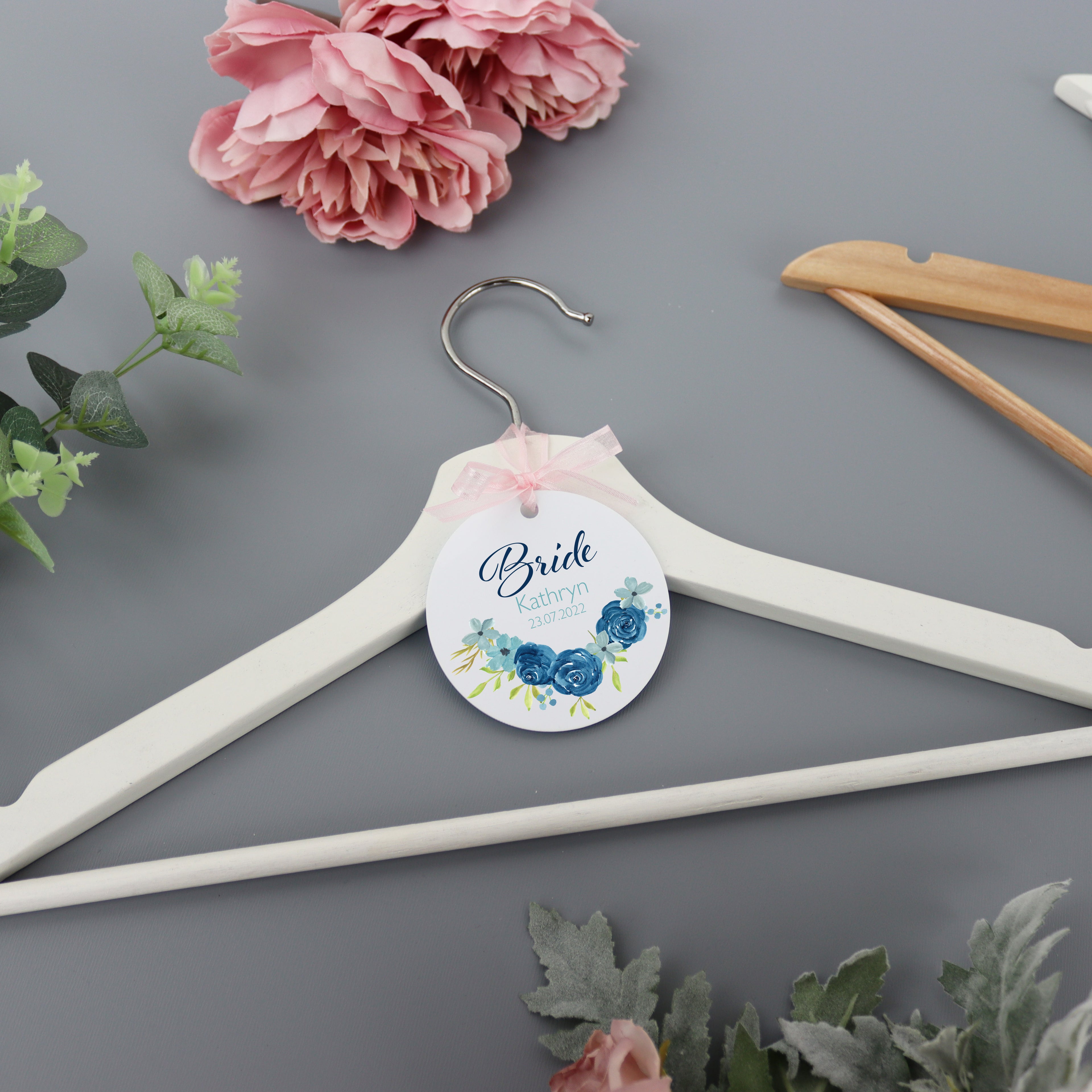 Personalised White Wedding Bride Hanger Tag Blue Rose