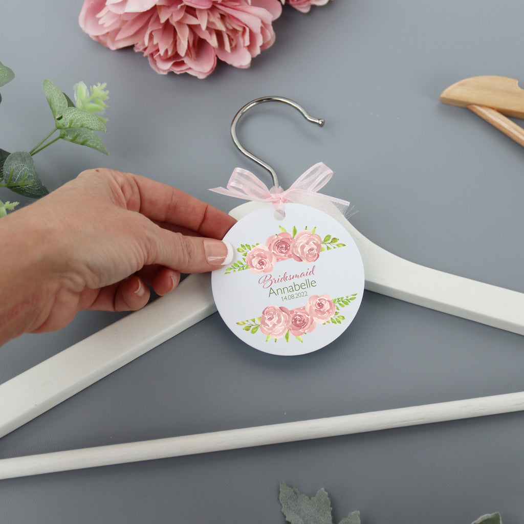 Personalised White Wedding Bride Hanger Tag Pink Rose