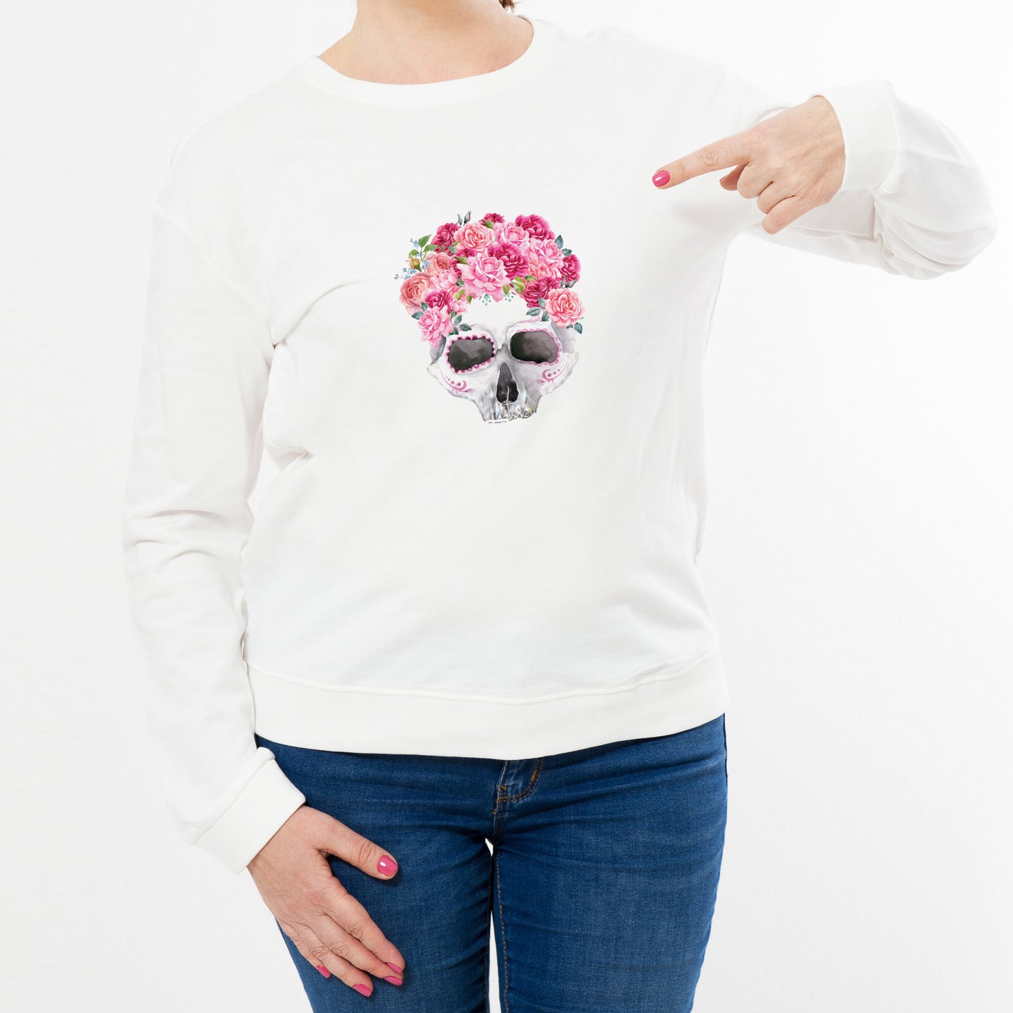 Tattoo style skull print on a vegan friendly super soft white sweatshirt