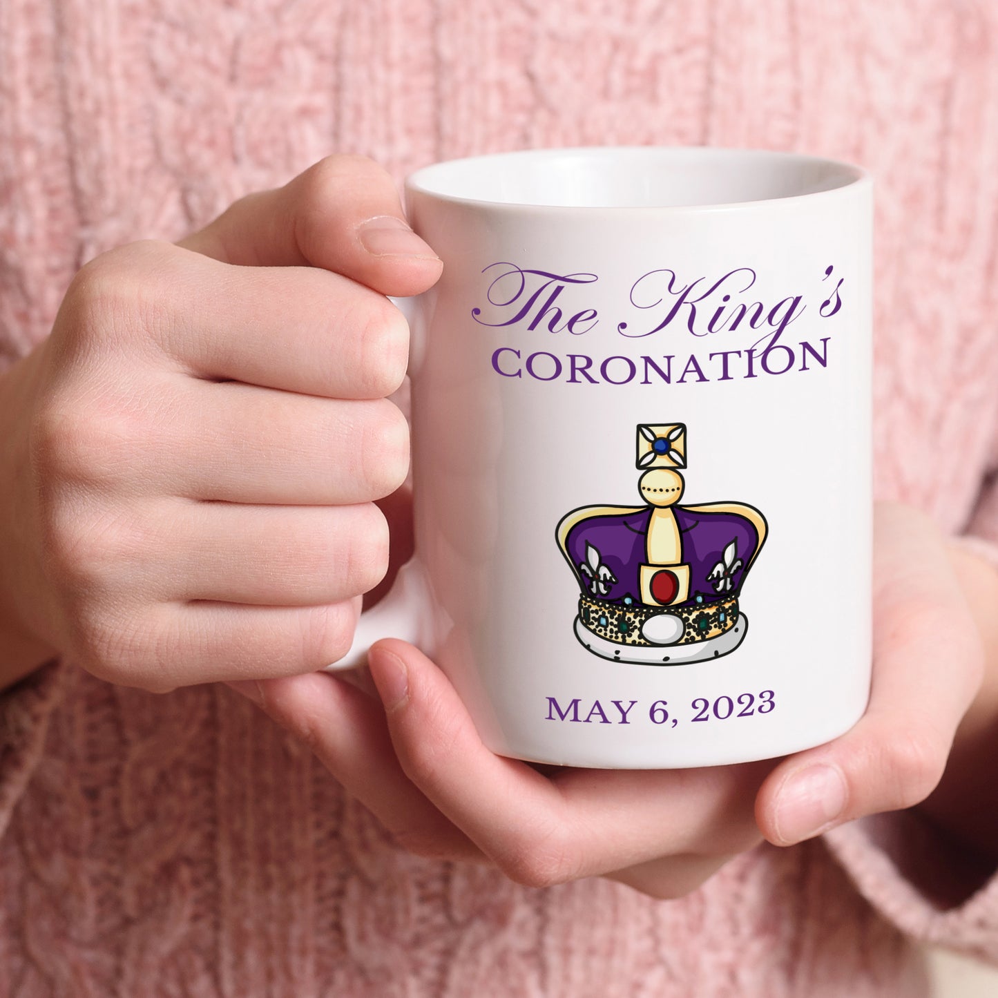 white mug printed with the kings coronation in purple 2023 May Charles 3rd coronation