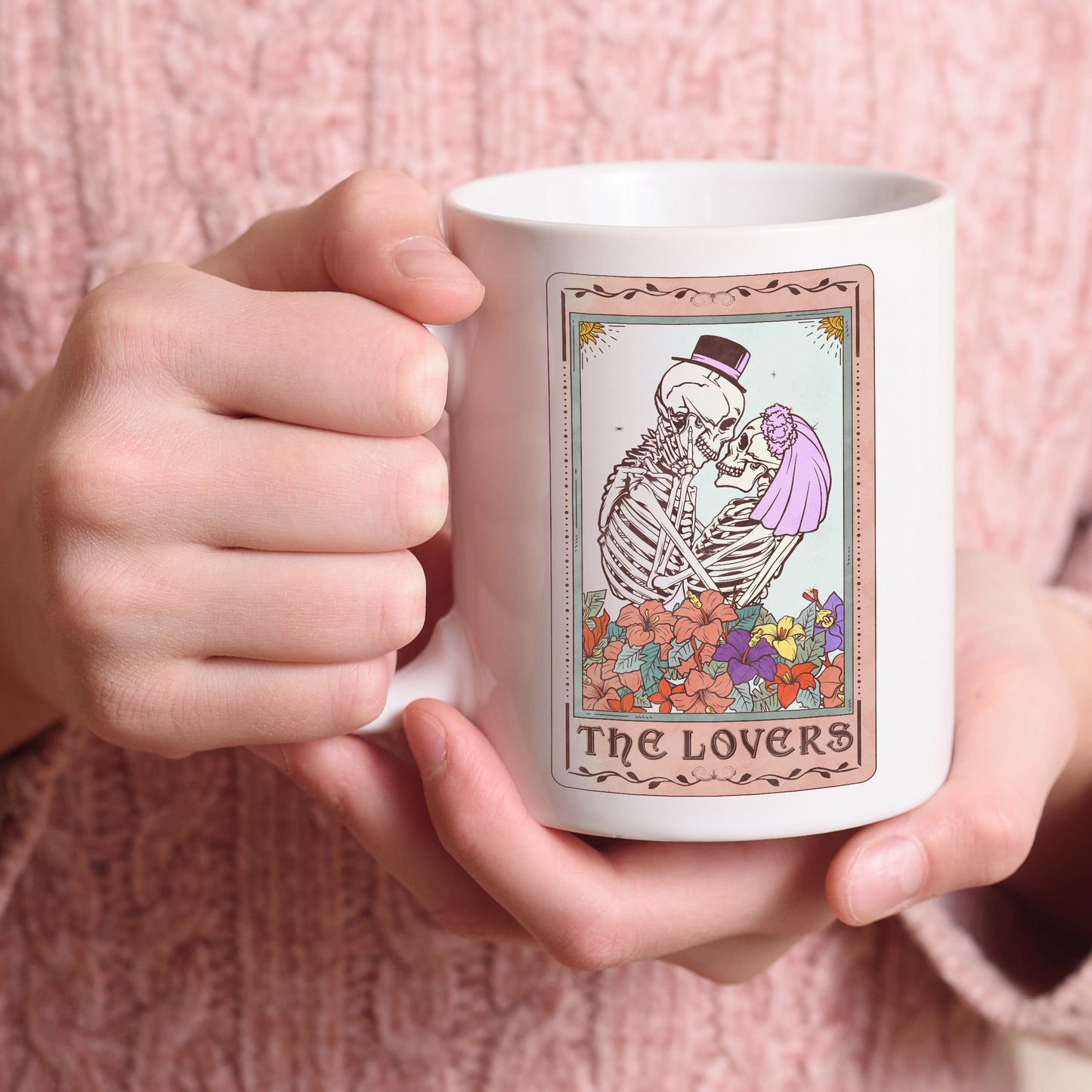 white mug printed with the lovers tarot card showing a skeletons in wedding attire
