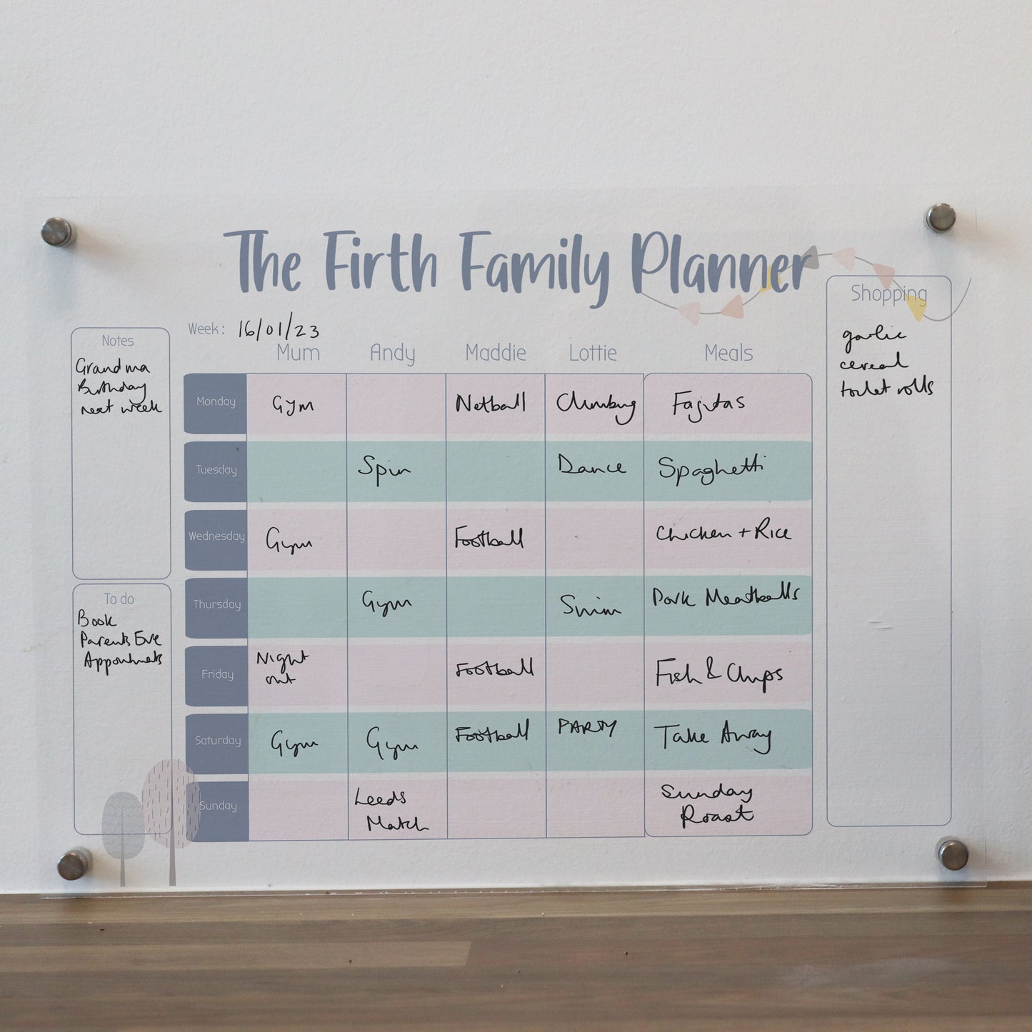 Personalised wipeable perspex family planner, organiser, weekly planner, mum planner, 30 by 40cms