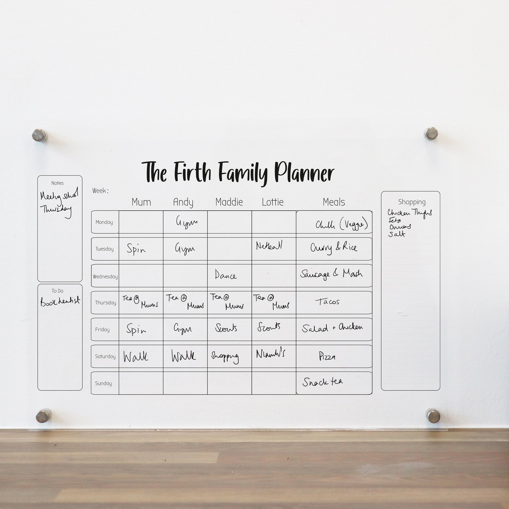 personalised family activity planner meal planner family organiser wipe clean plain black