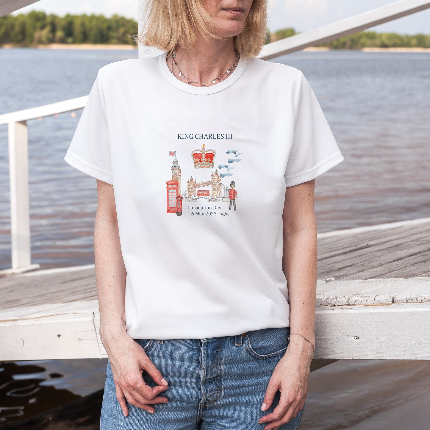 woman white tshirt with coronation Charles King print for dress up party coronation event