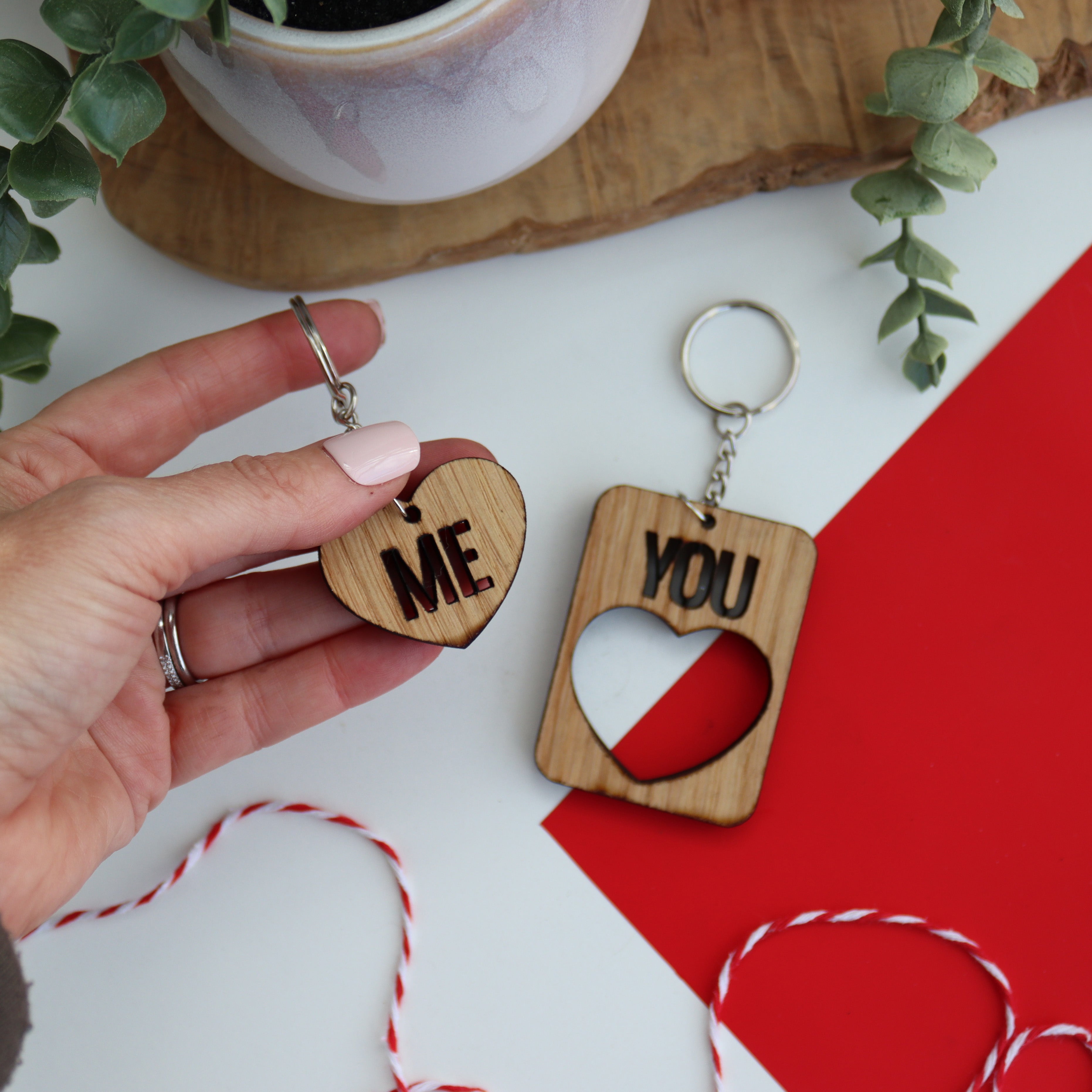 you and me wooden valentine's couples keyrings wooden you and me keyring close up