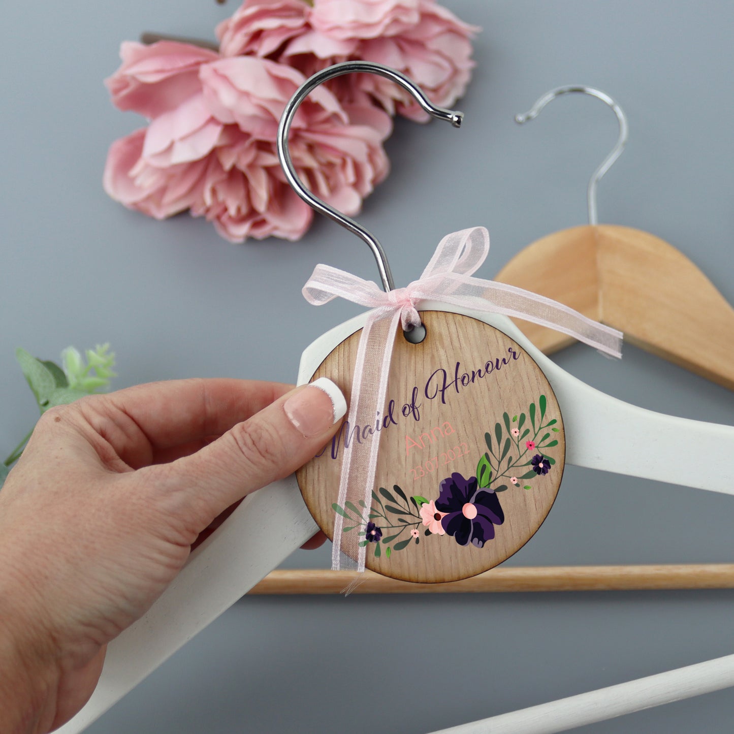Personalised Wood Wedding Hanger Tag Purple
