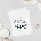 worlds best mum design with pink heart and writing mothers day card