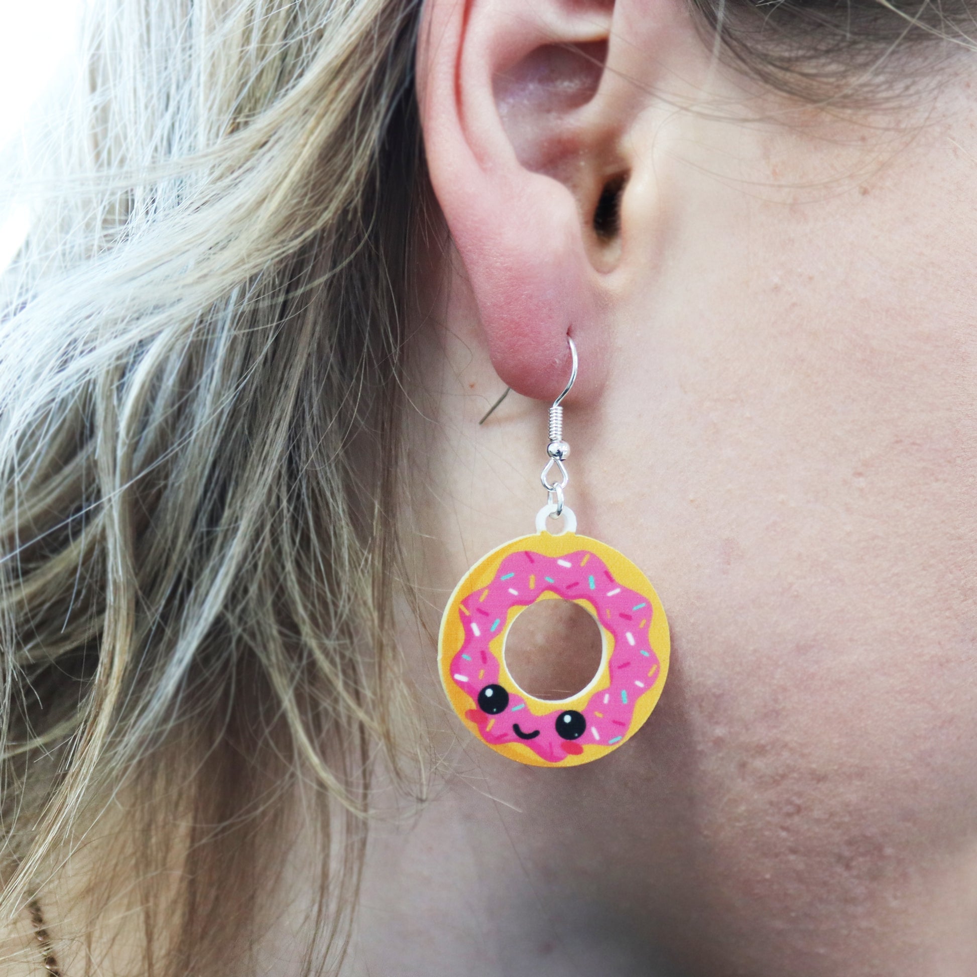 you are the donut to my coffee acrylic earrings handmade in UK donut earring being worn