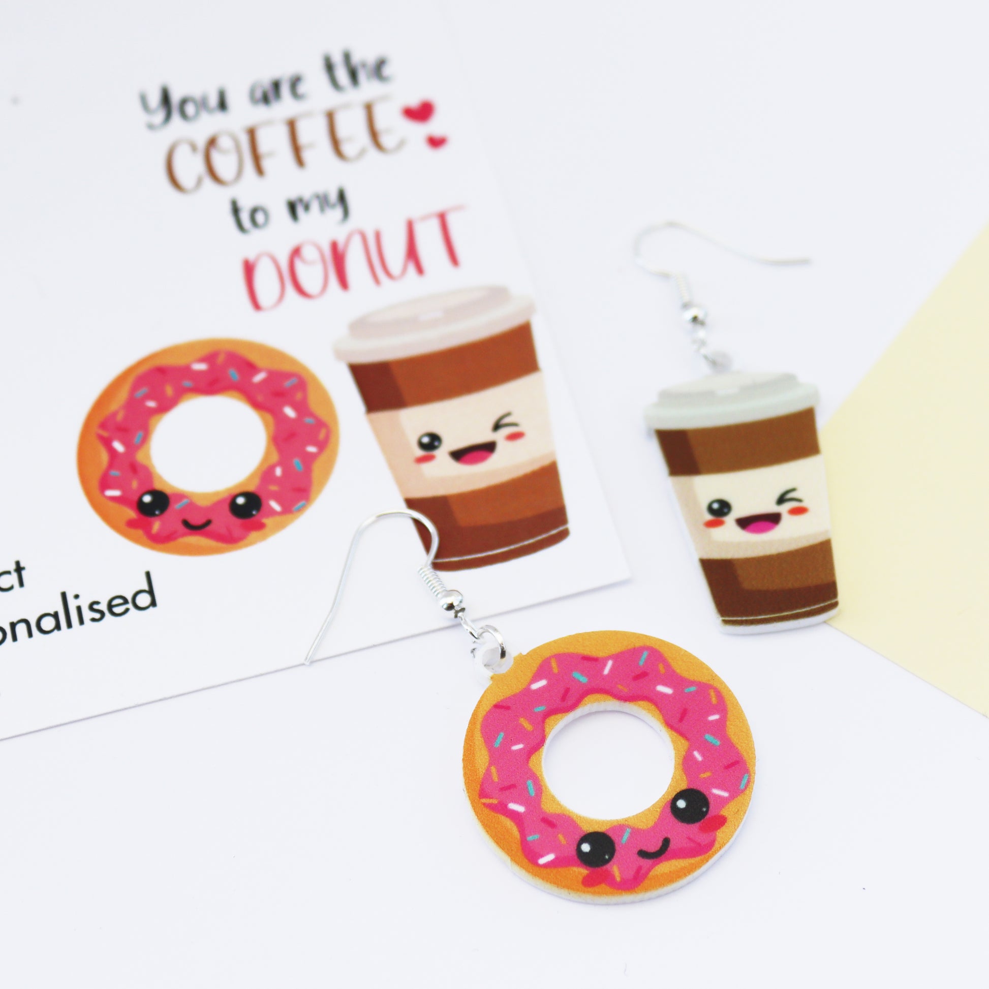 you are the donut to my coffee acrylic earrings handmade in UK laser cut earrings